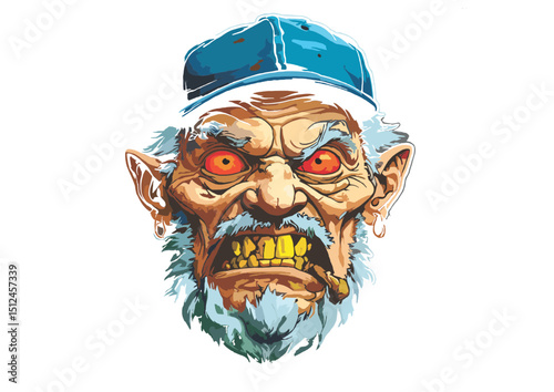 Grizzled Old Man with Angry Expression, Glaring Red Eyes, and Cigar, Wearing a Baseball Cap A Digital Illustration