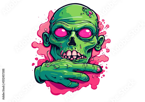 Gripping Zombie Illustration Ghoulish Green Undead Head with Pink Splatter Background