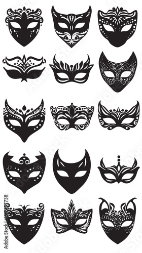 Masquerade Ball Silhouette Masks Vector , black silhouettes isolated on white background