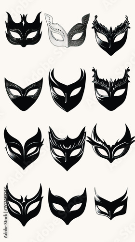 Masquerade Ball Silhouette Masks Vector , black silhouettes isolated on white background