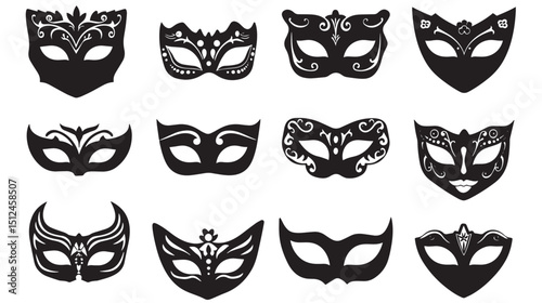 Masquerade Ball Silhouette Masks Vector , black silhouettes isolated on white background