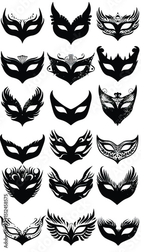 Masquerade Ball Silhouette Masks Vector , black silhouettes isolated on white background