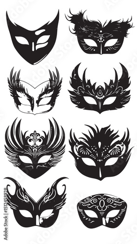 Masquerade Ball Silhouette Masks Vector , black silhouettes isolated on white background