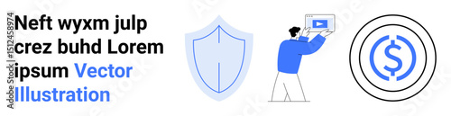 Shield symbol, person holding tablet streaming content, and dollar sign in a circle. Ideal for technology, finance, security, streaming, user activity, economic growth simple landing page