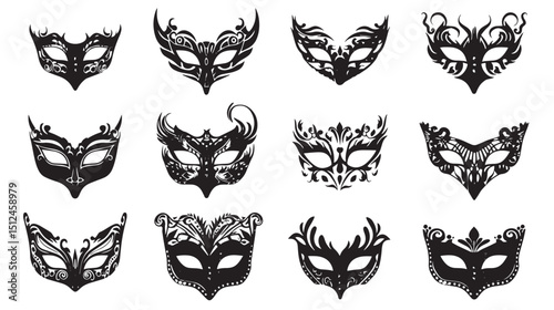 Masquerade Ball Silhouette Masks Vector , black silhouettes isolated on white background