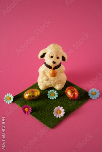 White chocolate sheep on green grass full of flowers with two Easter eggs