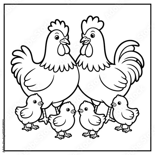 Black and White Cartoon Illustration of Chicken Farm Animal Characters for Coloring Book