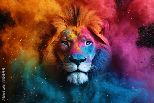 Colorful lion's head emerging from vibrant smoke, symbolizing strength and creativity photo