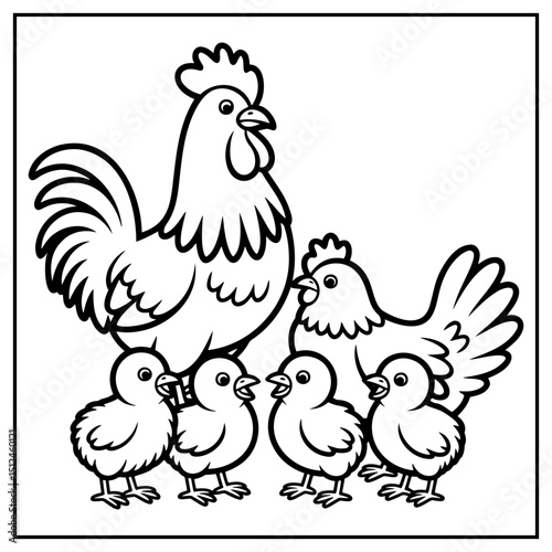 Black and white chicken family. Vector illustration. Coloring page.