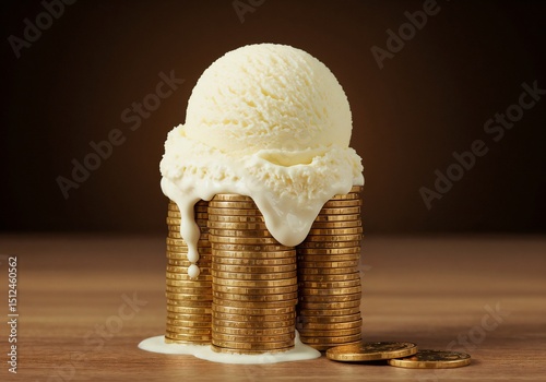 Ice cream scoop melting over stacks of coins on wooden table  