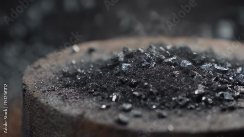 Dark grey minerals for carbon capture are falling into a spinning cement mixer, showcasing the innovative process of creating sustainable construction materials