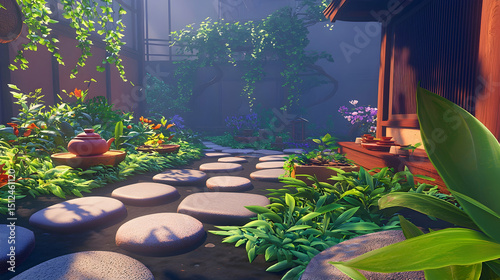 Pixellated Japanese Garden Path With Plants And Shrines