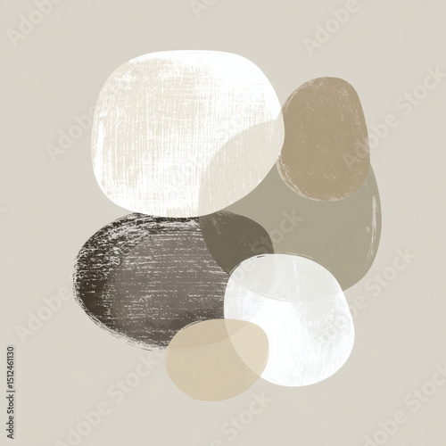 Minimalist Geometric Art with Rounded Squares and Circles in Black, Cream, White, and Sage Green