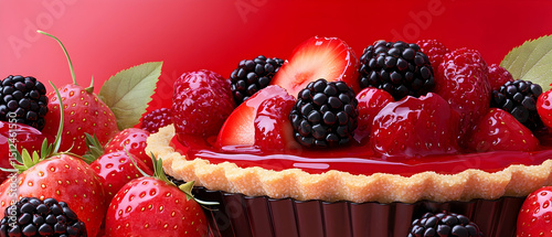 Close Up Of Delicious Tart With Fresh Strawberries Blackberries And Raspberries