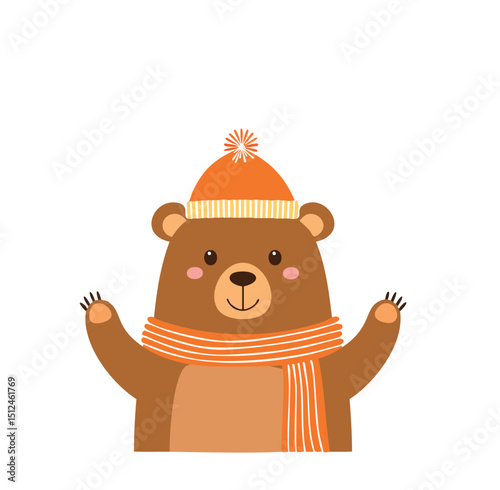 Adorable brown bear wearing orange hat and scarf