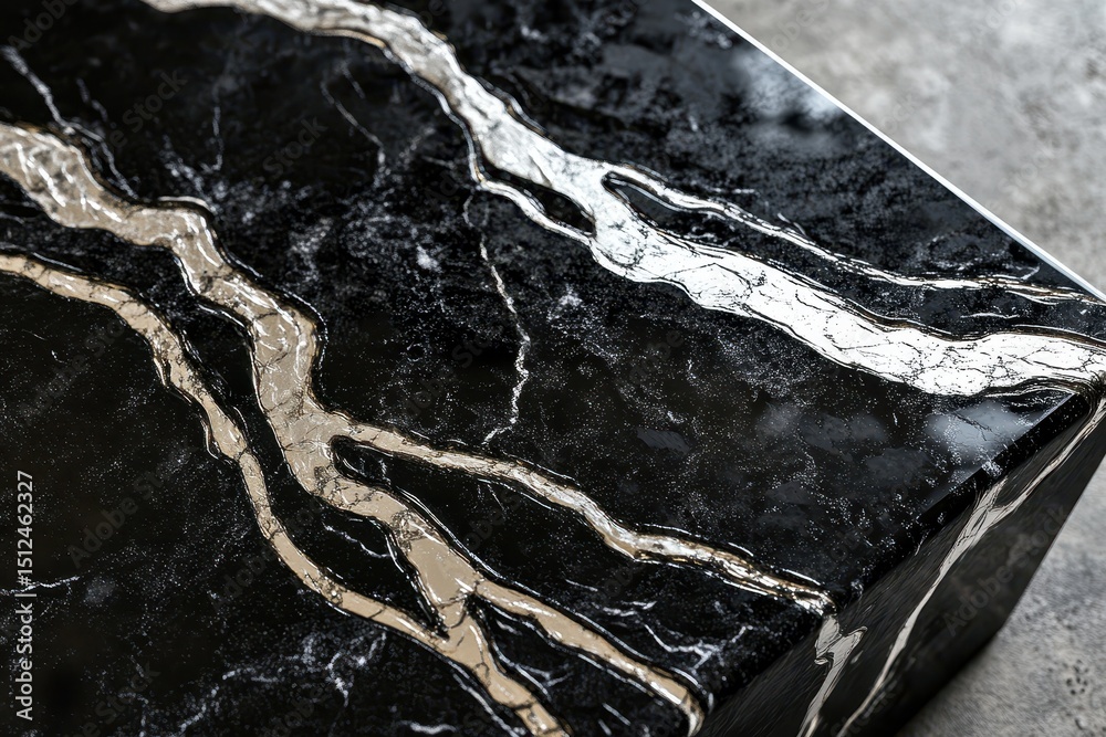 Fototapeta premium Glossy obsidian black with flowing silver metallic veins enhances elegance in contemporary interior design