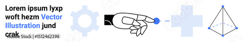 Human hand interacting with a virtual screen featuring gear, plus sign, sphere, and pyramid. Ideal for technology, innovation, creativity, interaction, data automation simple landing page