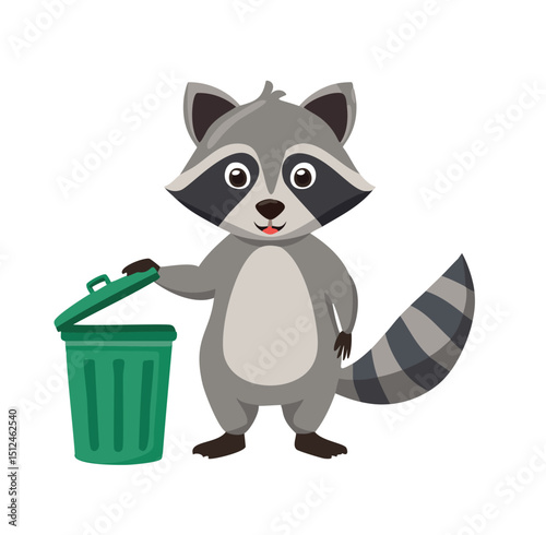 Adorable raccoon opening green trash can cartoon illustration