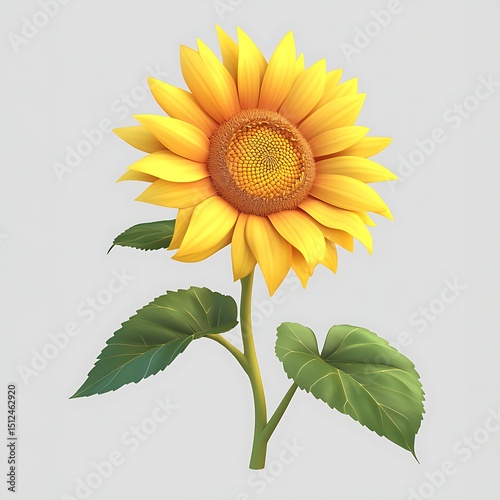 Yellow sunflower with green leaves isolated white background. Generative Ai