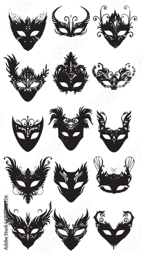 Masquerade Ball Silhouette Masks Vector , black silhouettes isolated on white background