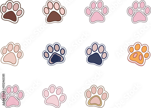 An array of various colorful paw prints sit against a crisp white, transparent background
