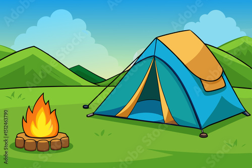 A cartoon illustration of a tent and a campfire in a field