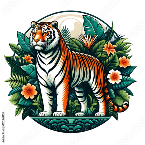 Majestic Tiger in Lush Tropical Paradise A Vibrant Illustration