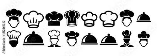 Chef Hat and Food Serving Icon Silhouette Vector Set, Culinary and Restaurant Symbols Collection