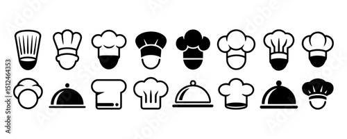 Chef Hat and Food Serving Icon Silhouette Vector Set, Culinary and Restaurant Symbols Collection