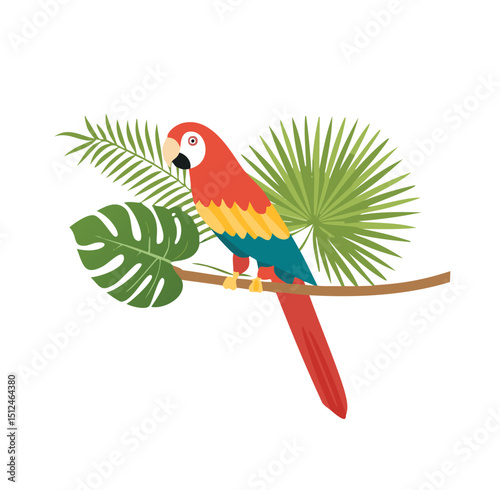 Colorful macaw parrot tropical bird on branch with palm and monstera leaves