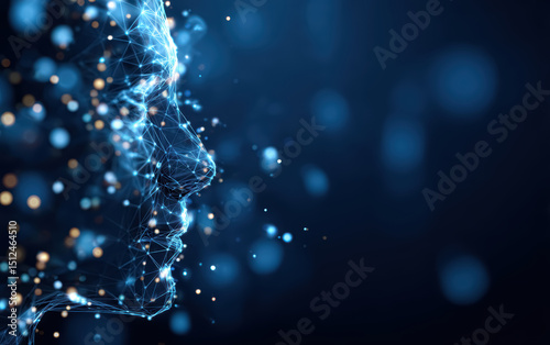 Digital blue human face with closed eyes on a blue background with bokeh effect and copy space. Artificial intelligence concept of big data or cyber security.