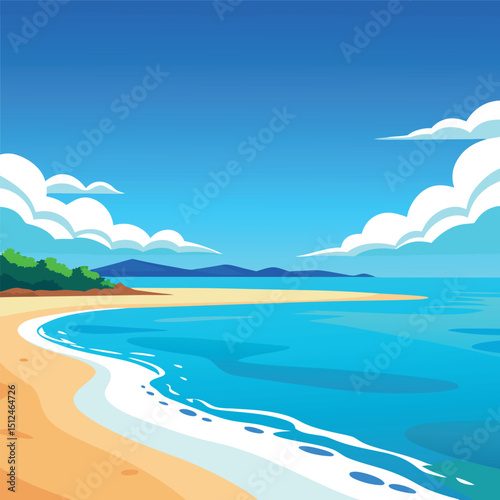 
Empty beach with clear blue water stretching under a bright sky inviting tranquility and relaxation flat vector illustration
