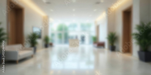 Cool Blurred hotel or office building lobby blur background interior view toward reception hall modern luxury white room space with blurry corridor and building glass wall window : Generative AI