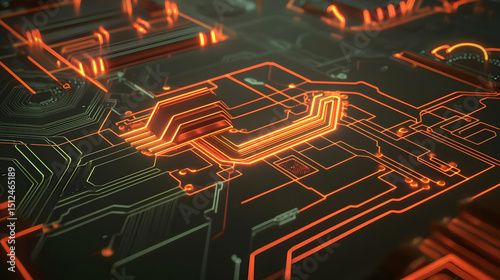 Closeup Glowing Orange Circuit Board Pattern