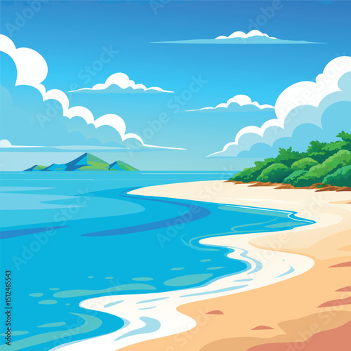 
Empty beach with clear blue water stretching under a bright sky inviting tranquility and relaxation flat vector illustration
