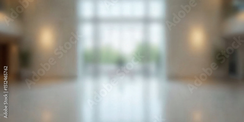 Cool Blurred hotel or office building lobby blur background interior view toward reception hall modern luxury white room space with blurry corridor and building glass wall window : Generative AI