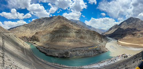 Where Rivers Meet, This panoramic photograph captures the confluence of the Zanskar and Indus Rivers near Leh, Ladakh, India. Leh Ladakh side views after Pathar Sahib Gurudwara.
