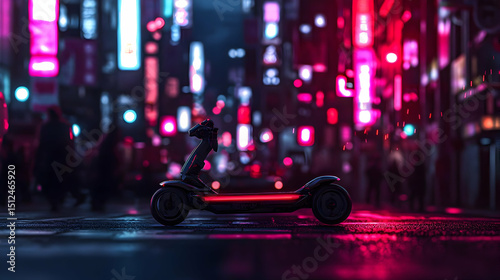 Electric Scooter In Neon Lit City At Night