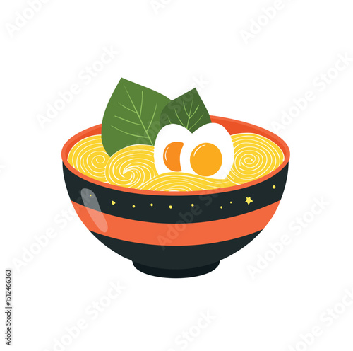 Delicious ramen noodles in a bowl with egg and greens