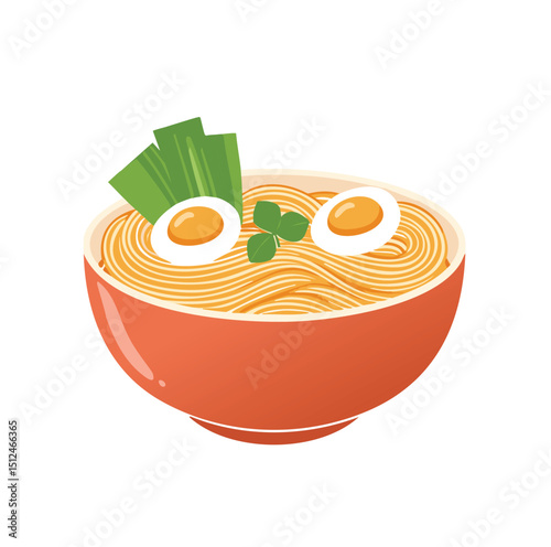 Delicious ramen noodles with soft boiled eggs and spring onions