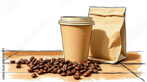 Coffee cup and beans, paper bag