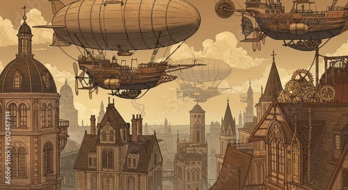 Steampunk airships over a European city