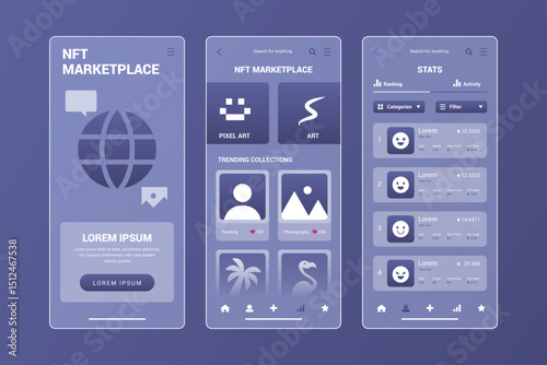 Futuristic NFT Marketplace Mobile UI Design for Crypto Art Platform, Ideal for App Showcase, Web3 Startup Pitch, and Digital Product Presentation

