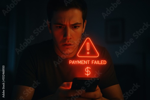 Man Staring at Smartphone with Payment Failed Alert