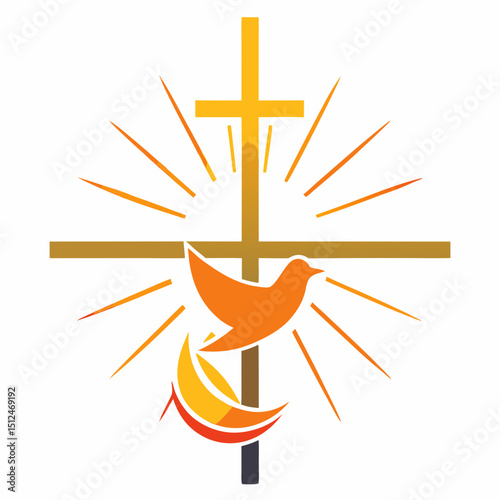 Trinity Sunday Vector Illustration - Christian Symbols, Cross, Dove, Divine Light Concept