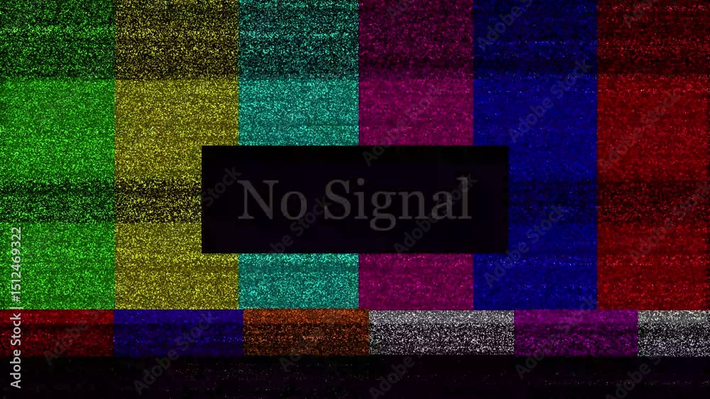 Retro television test screen displaying a no signal message with colorful noise and static in a classic visual