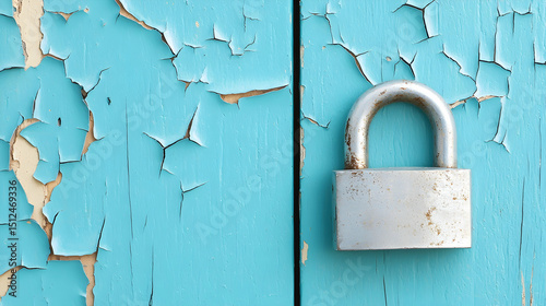 Aged Metal Lock On Light Blue Cracked Wooden Door