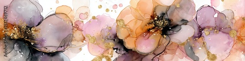 Watercolor illustration of delicate flowers in soft hues of pink, purple, and gold, creating a serene and elegant floral design with artistic flair and beauty