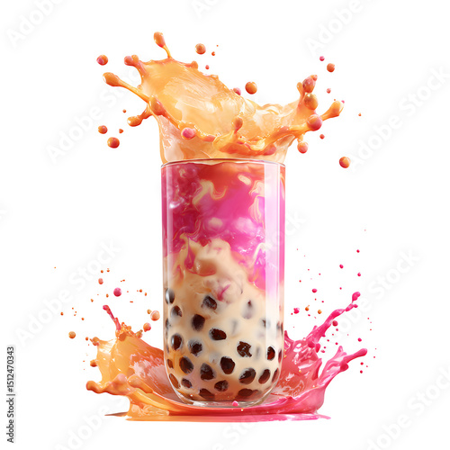 Refreshing Boba Tea Drink Splashing in a Glass with Colorful Splashes and Transparent Background