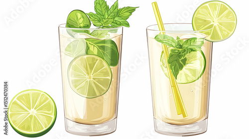 Two Mojito Cocktails With Lime And Mint